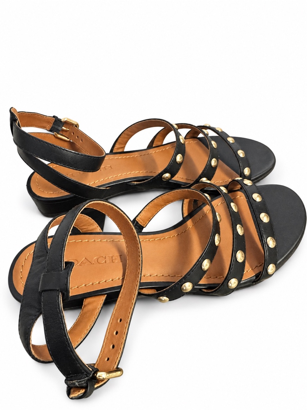 Coach Black Leather Studded Strappy Sandals